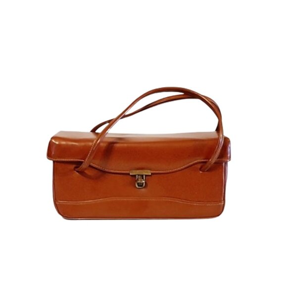 1950s Vintage Large Rust Brown Vinyl Box Handbag Purse With 2 Handles MCM - Picture 2 of 6